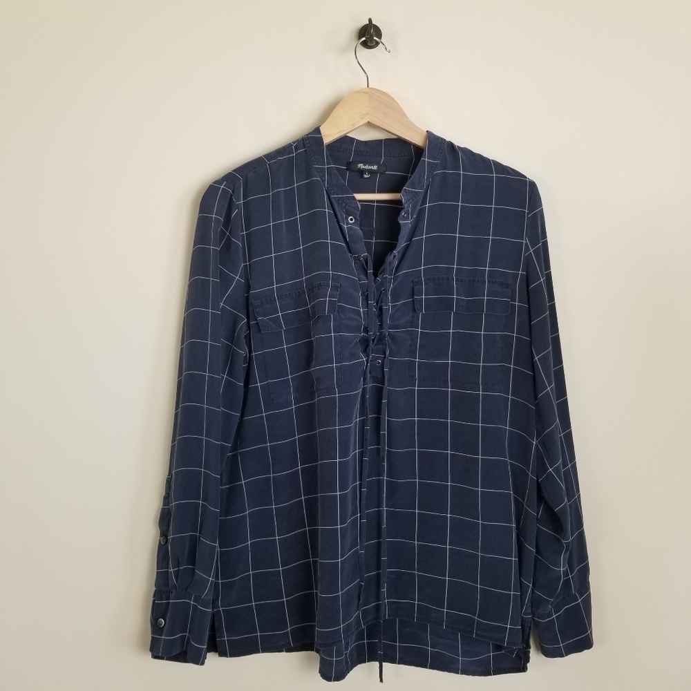 Madewell Silk Lace-Up Blouse Top Windowpane Large